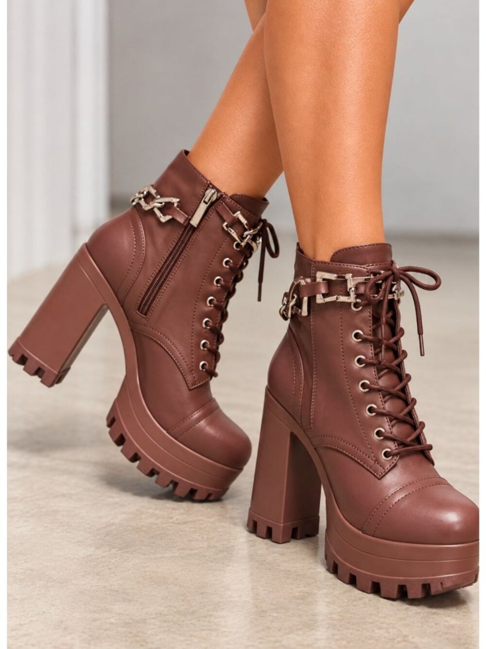 Mocha Brown Platform Lace-Up Combat Ankle Boots Chunky Block Heel Chain Detail